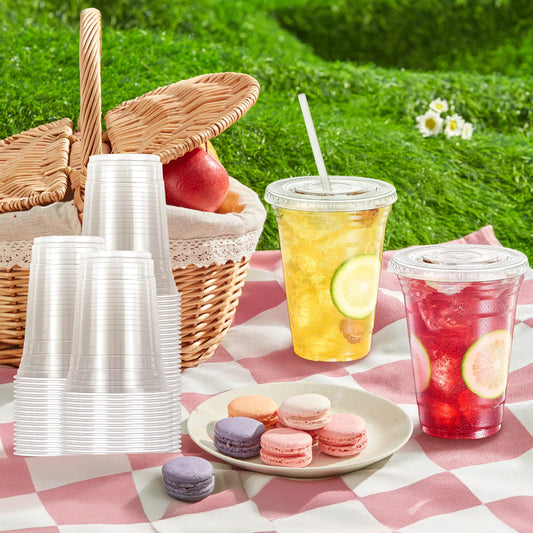 16 oz 100 Pack Clear Plastic Cups with Lids and Straw,leak-proof durable,To-Go Cold Coffee Cups,Disposable Cold Drink Cups for Parties, Outdoor Events, Cafes, and Smoothies