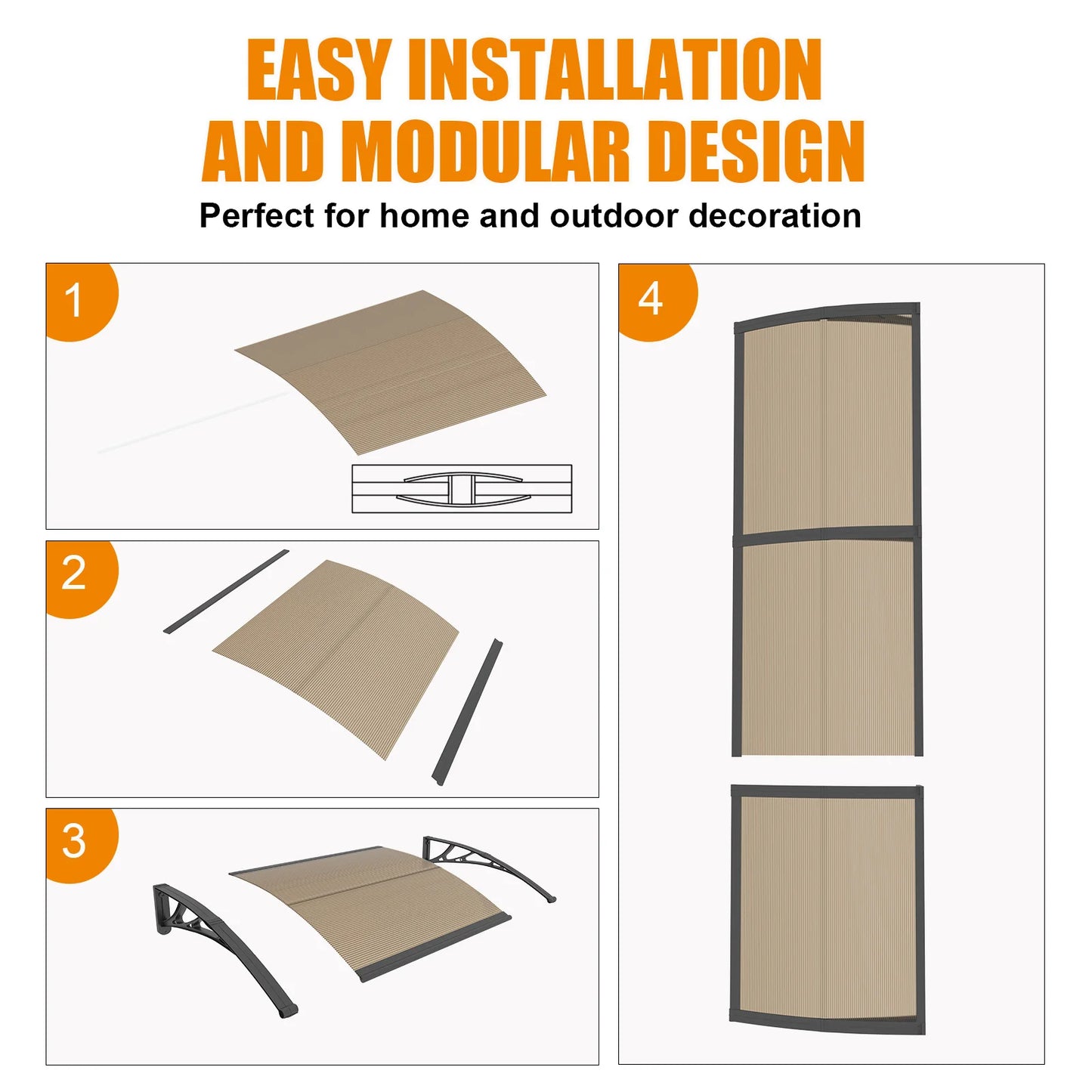 Brown Panels Awning for Door Window Canopy Use of PC Materials for Rain and Sun Protection and Snow Resistance 32/40/48/60/80 IN
