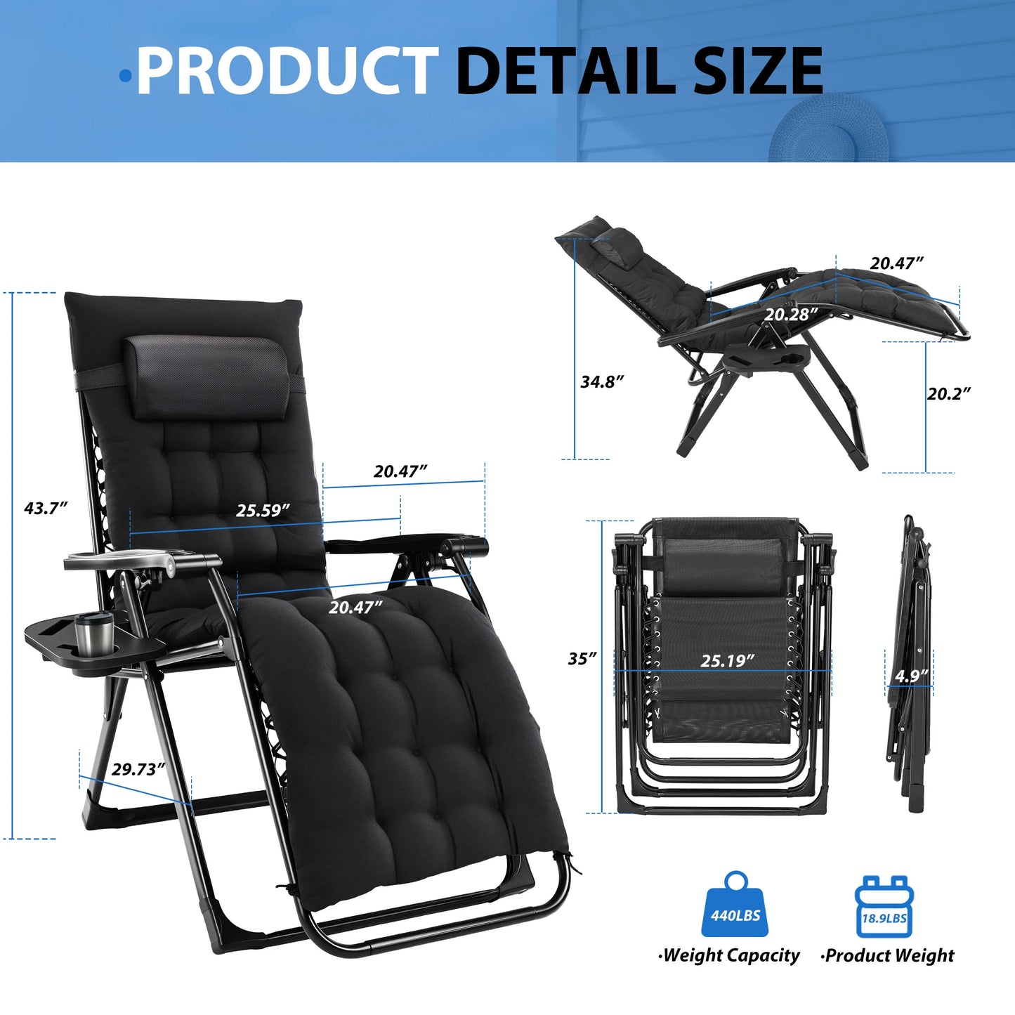 MCQ Zero Gravity Cushioned Outdoor Folding Lounge Chair With Cooler
