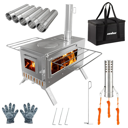 Unho Portable Wood Burning Stove With Six Stainless Chimney Pipes