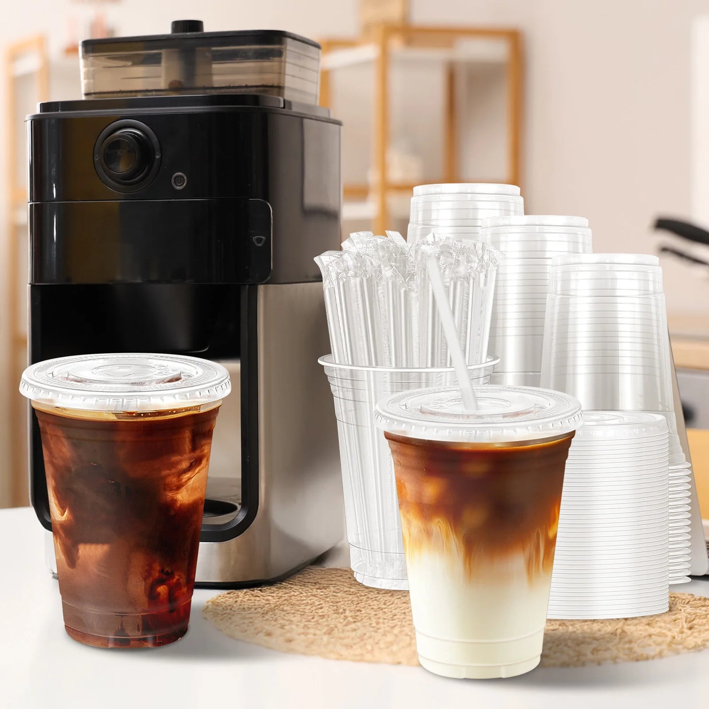 16 oz 100 Pack Clear Plastic Cups with Lids and Straw,leak-proof durable,To-Go Cold Coffee Cups,Disposable Cold Drink Cups for Parties, Outdoor Events, Cafes, and Smoothies