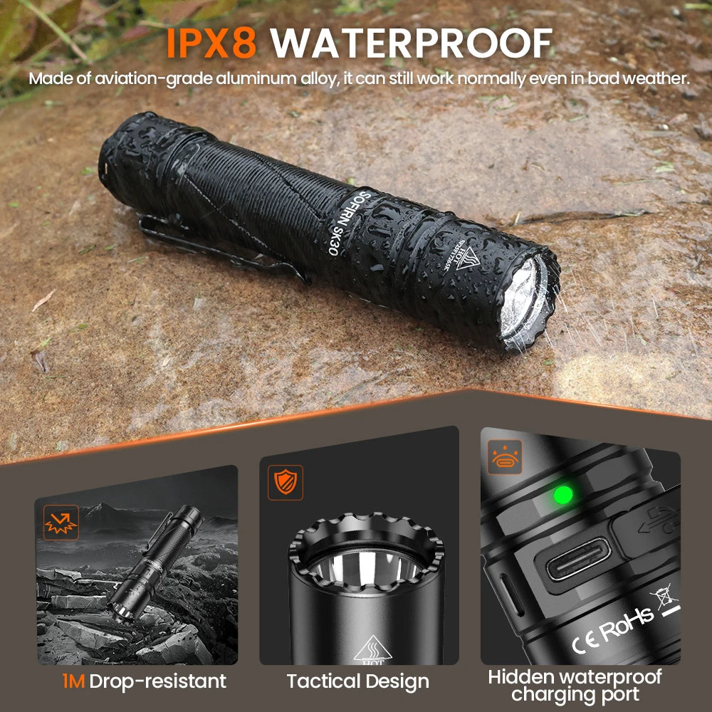 Sofirn SK30 3000 Lumen Tactical Flashlight USB Rechargeable Torch