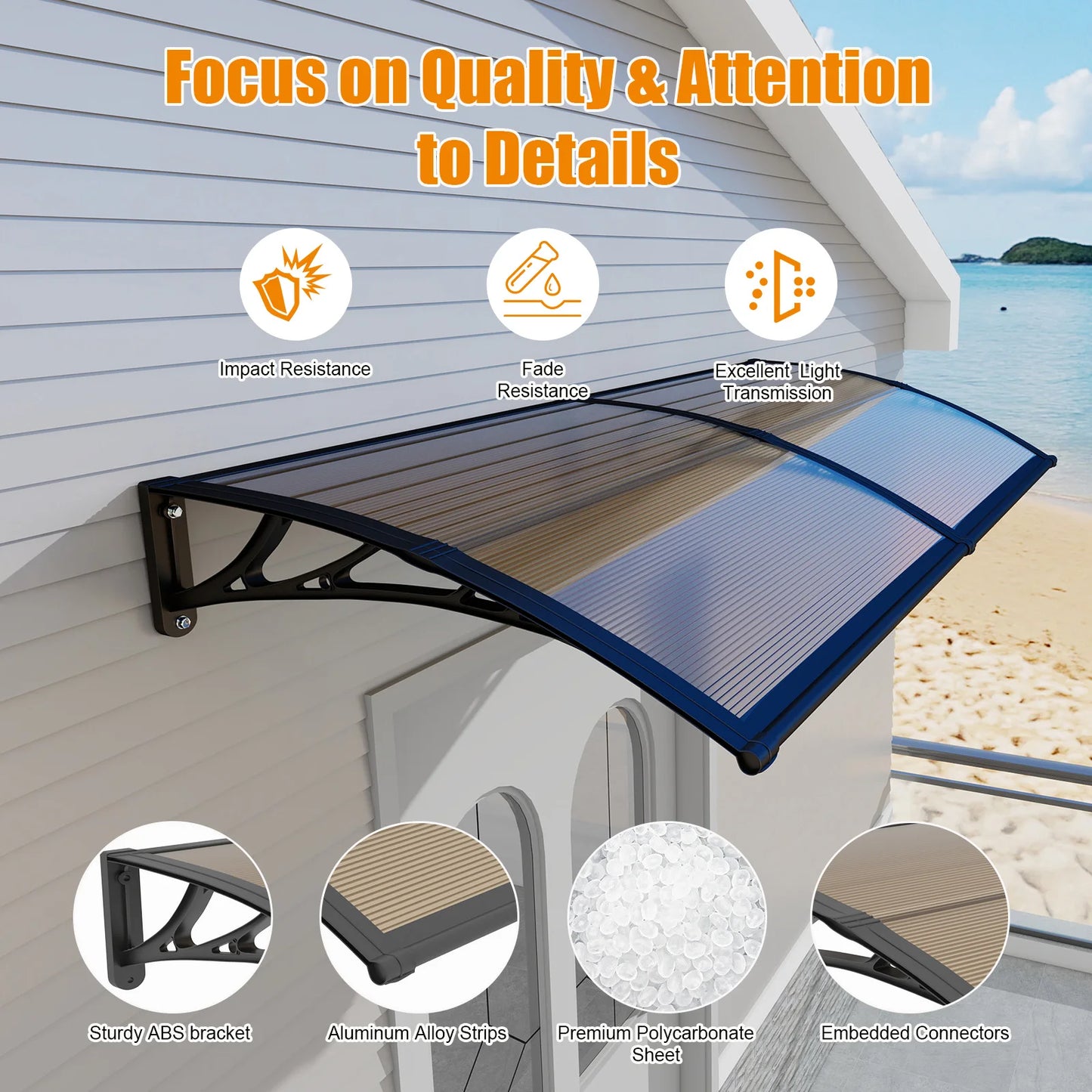 Brown Panels Awning for Door Window Canopy Use of PC Materials for Rain and Sun Protection and Snow Resistance 32/40/48/60/80 IN