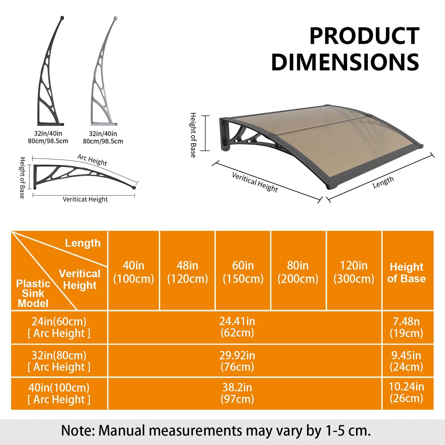 Brown Panels Awning for Door Window Canopy Use of PC Materials for Rain and Sun Protection and Snow Resistance 32/40/48/60/80 IN