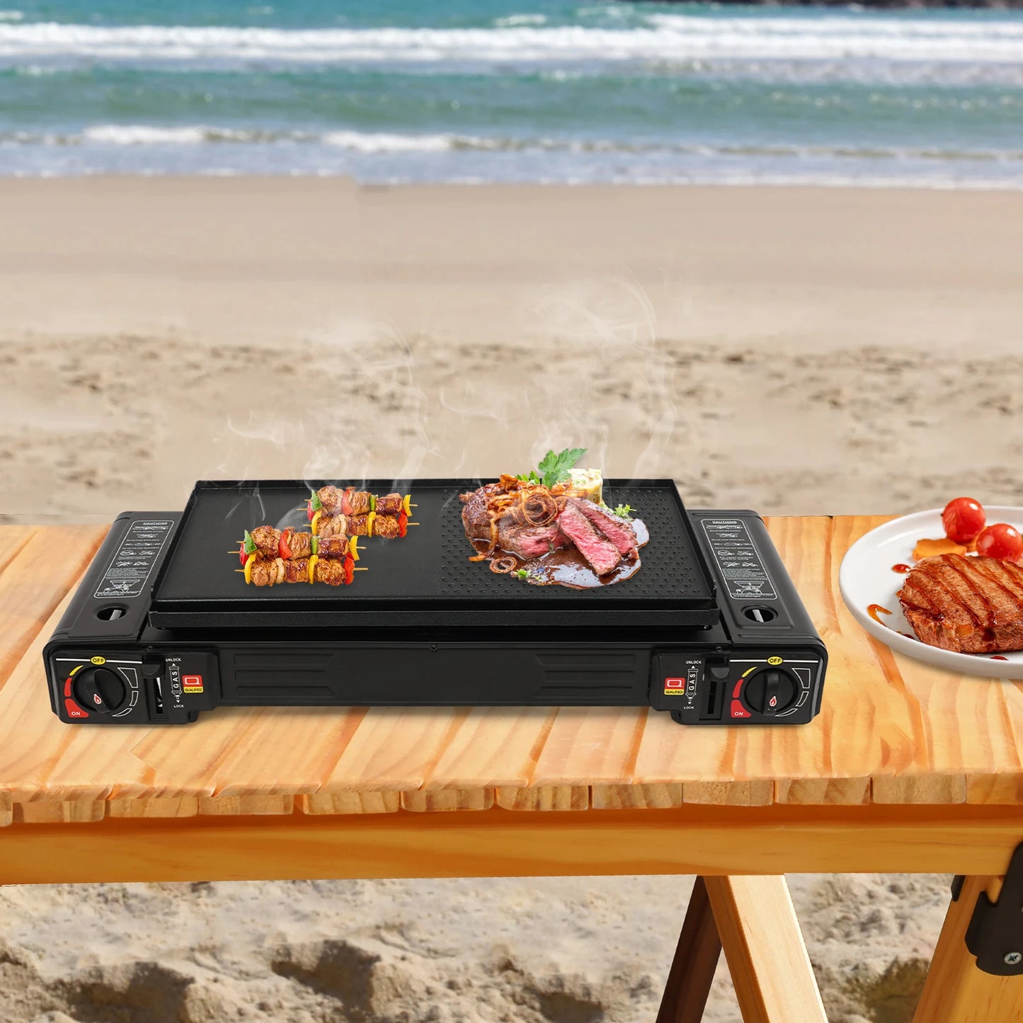 Portable Dual Burner Camping Stove With Butane And Aluminum Tray