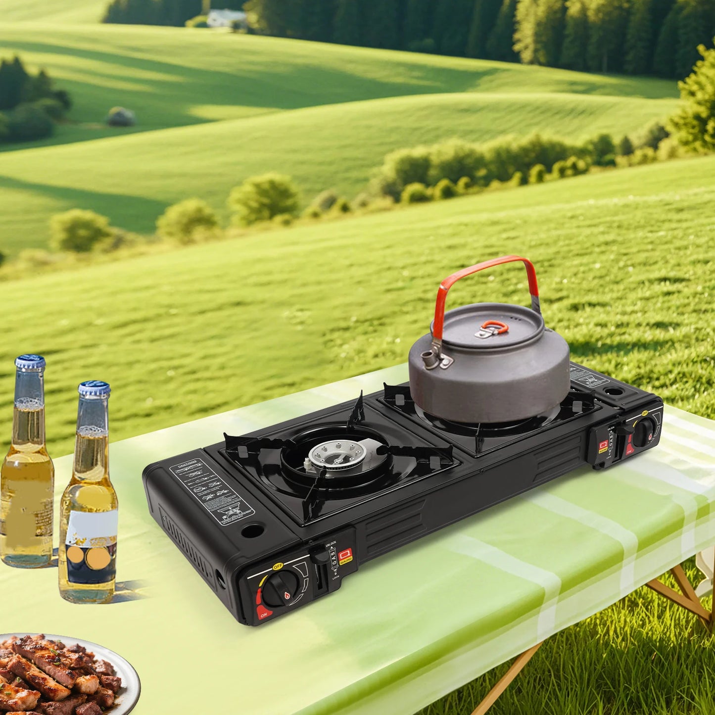 Portable Dual Burner Camping Stove With Butane And Aluminum Tray