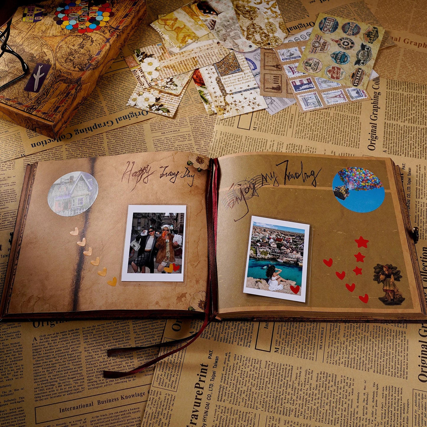 Our Adventure Journal 146page Vintage Leather DIY Scrapbook Album Balloon Text Theme for Anniversary Wedding Mother's Day Gifts