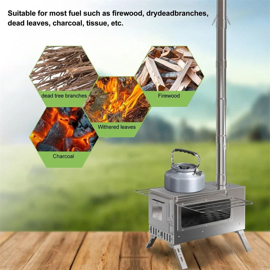 Unho Portable Wood Burning Stove With Six Stainless Chimney Pipes