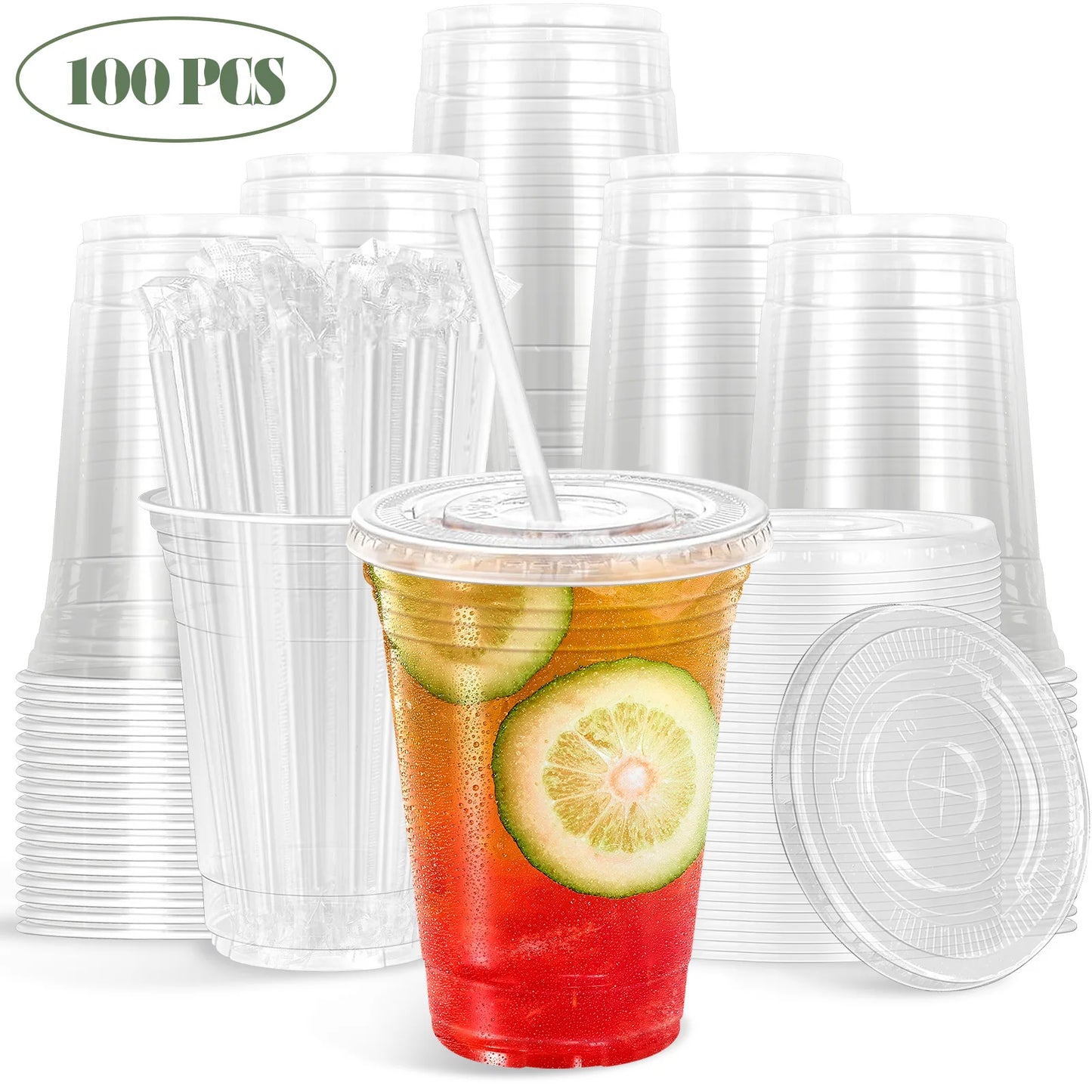 16 oz 100 Pack Clear Plastic Cups with Lids and Straw,leak-proof durable,To-Go Cold Coffee Cups,Disposable Cold Drink Cups for Parties, Outdoor Events, Cafes, and Smoothies