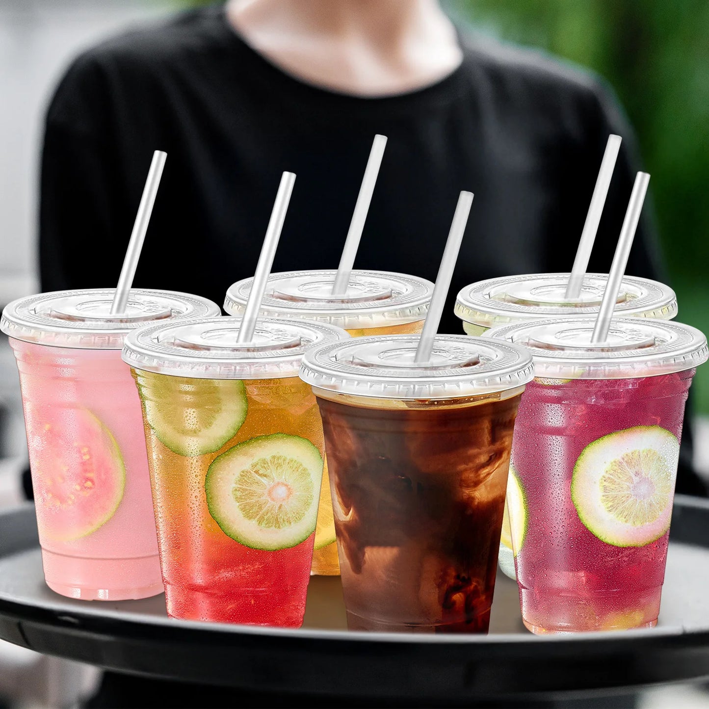 16 oz 100 Pack Clear Plastic Cups with Lids and Straw,leak-proof durable,To-Go Cold Coffee Cups,Disposable Cold Drink Cups for Parties, Outdoor Events, Cafes, and Smoothies