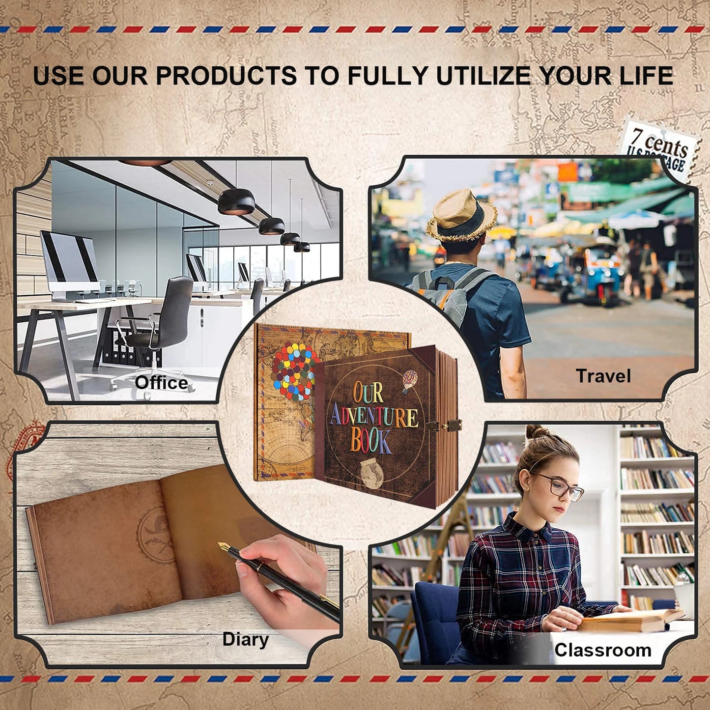 Our Adventure Journal 146page Vintage Leather DIY Scrapbook Album Balloon Text Theme for Anniversary Wedding Mother's Day Gifts