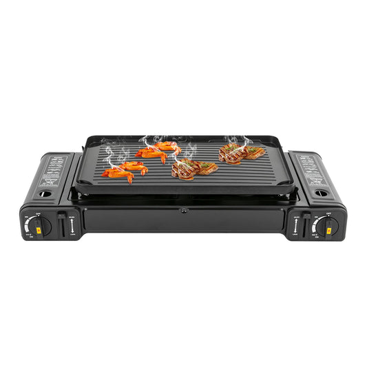 Portable Dual Burner Camping Stove With Butane And Aluminum Tray