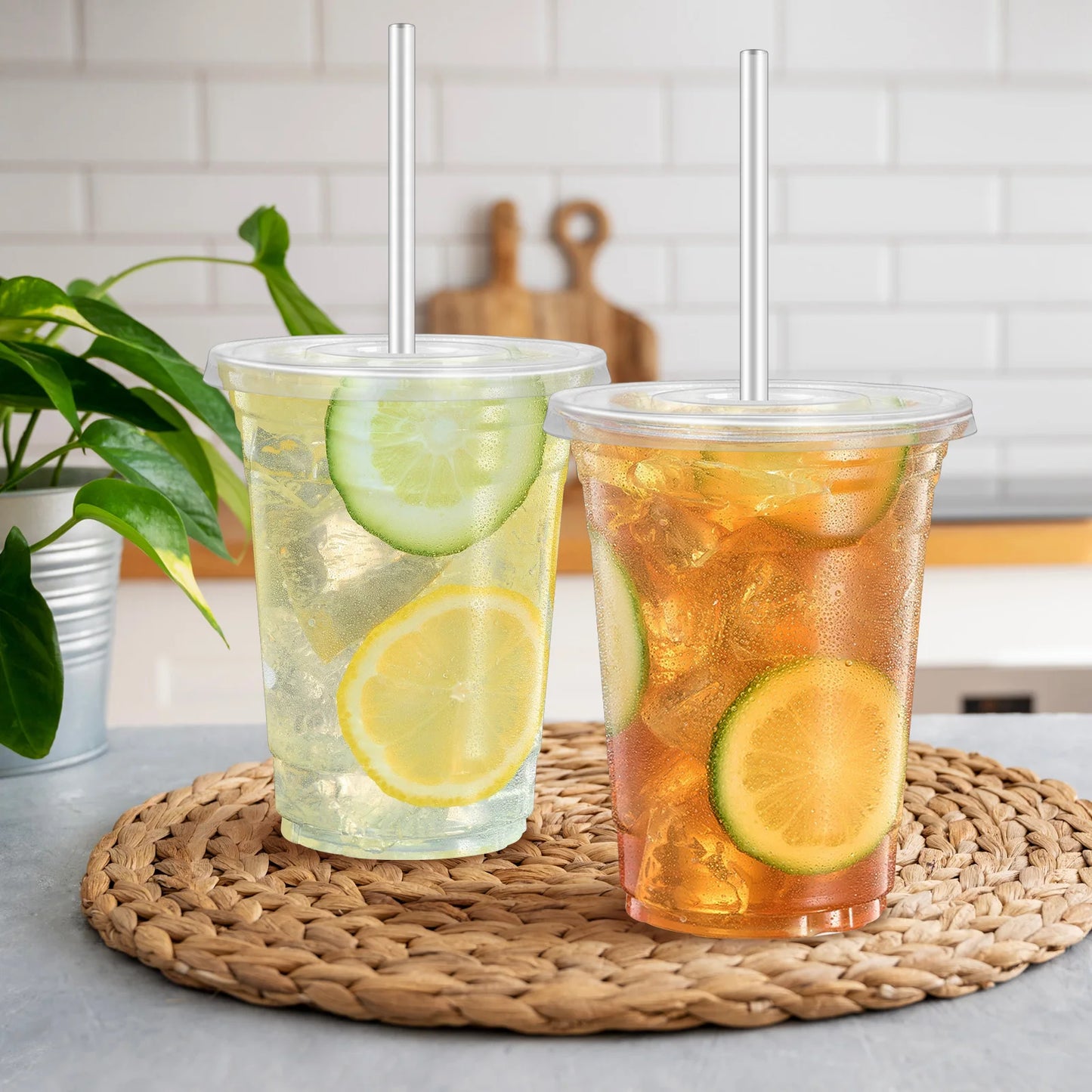 16 oz 100 Pack Clear Plastic Cups with Lids and Straw,leak-proof durable,To-Go Cold Coffee Cups,Disposable Cold Drink Cups for Parties, Outdoor Events, Cafes, and Smoothies
