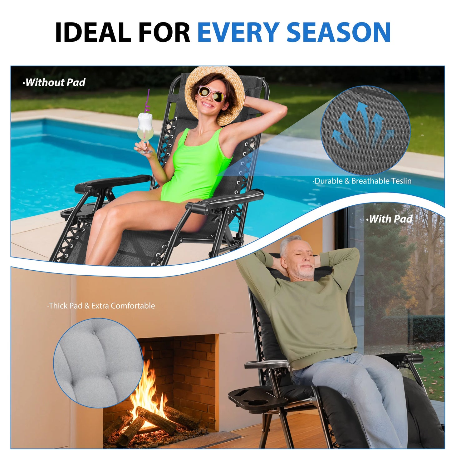 MCQ Zero Gravity Cushioned Outdoor Folding Lounge Chair With Cooler