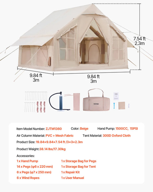 SucceBuy Inflatable Camping Tent With Stove Jack And Carry Bag