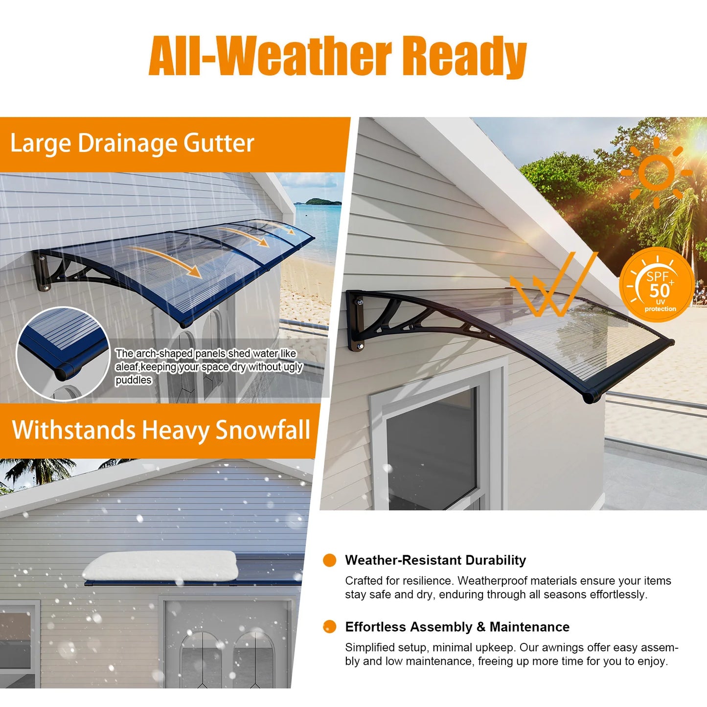 Brown Panels Awning for Door Window Canopy Use of PC Materials for Rain and Sun Protection and Snow Resistance 32/40/48/60/80 IN