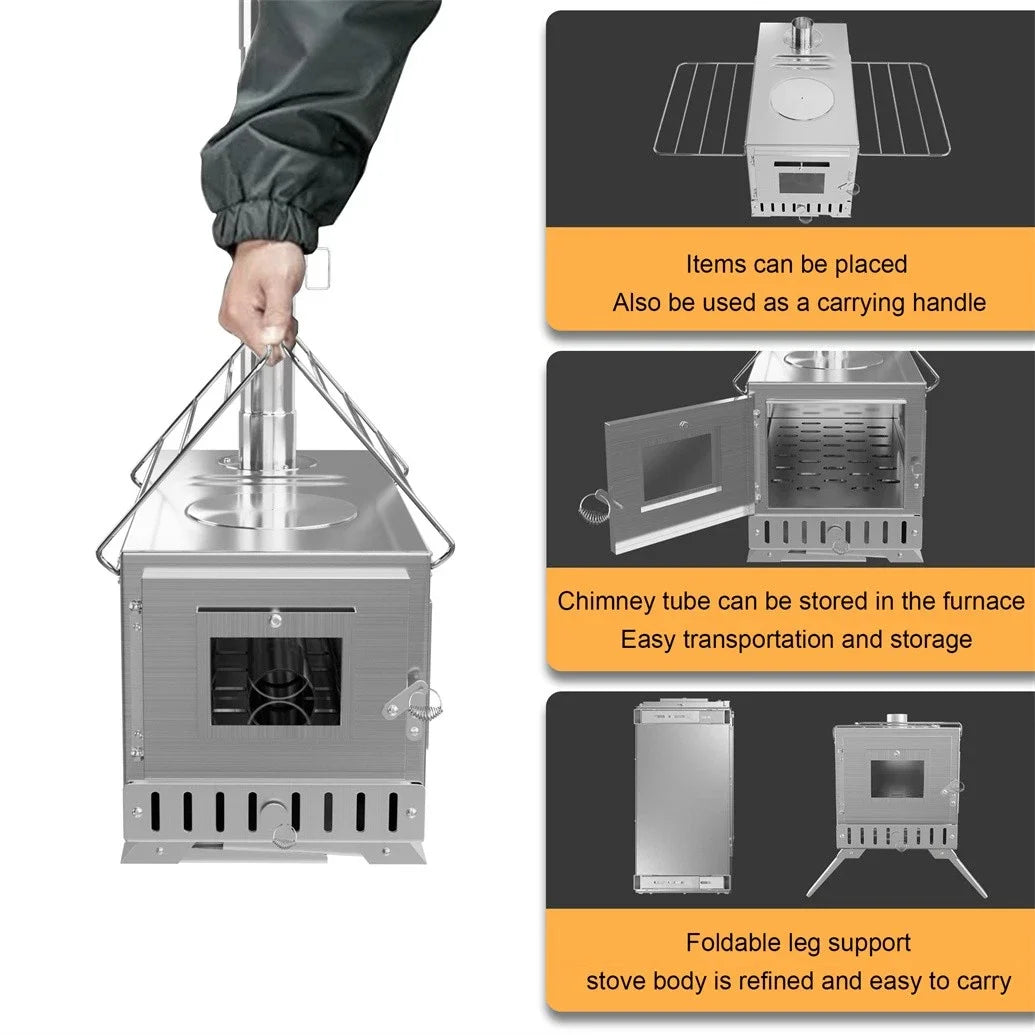Unho Portable Wood Burning Stove With Six Stainless Chimney Pipes