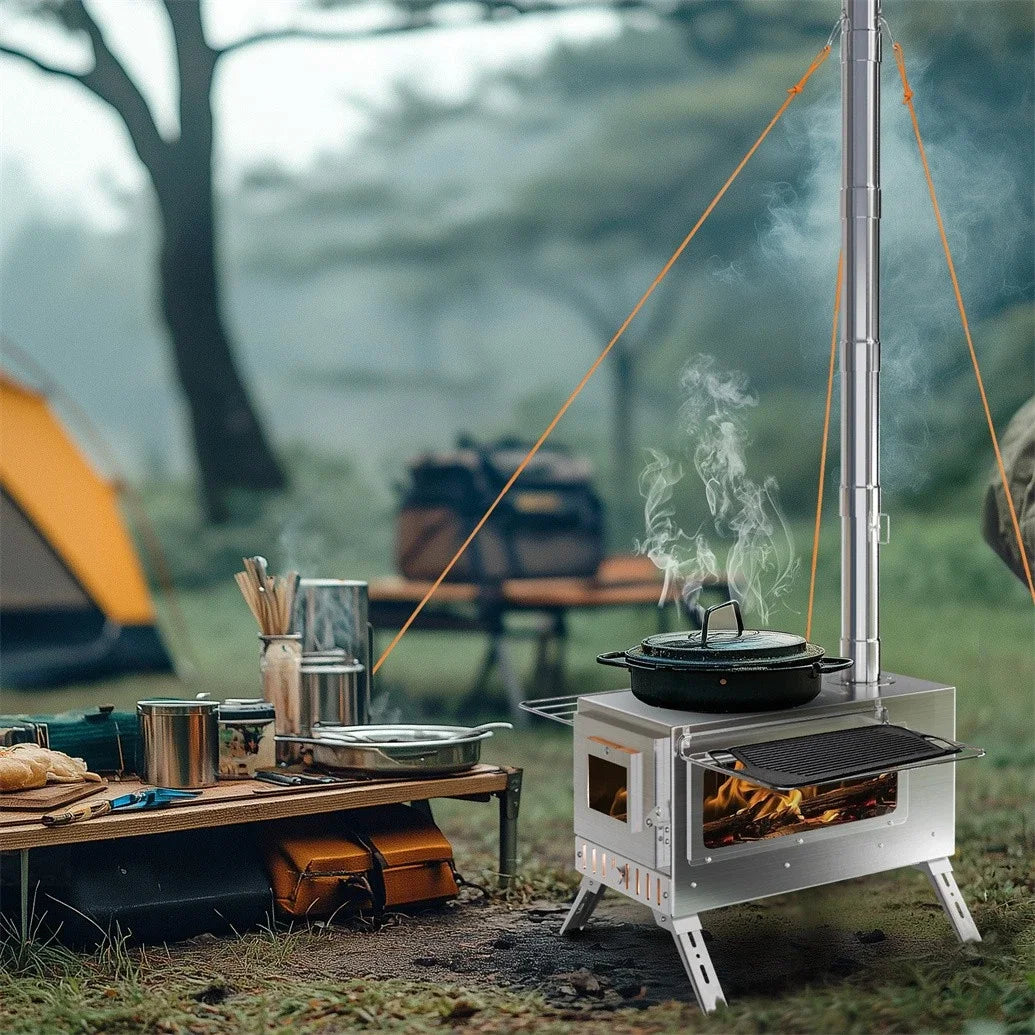 Unho Portable Wood Burning Stove With Six Stainless Chimney Pipes