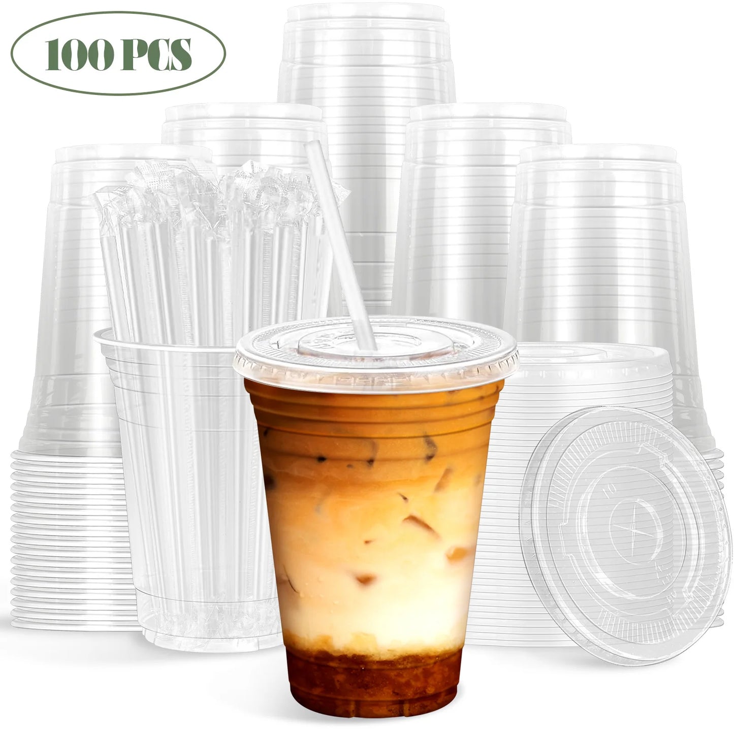16 oz 100 Pack Clear Plastic Cups with Lids and Straw,leak-proof durable,To-Go Cold Coffee Cups,Disposable Cold Drink Cups for Parties, Outdoor Events, Cafes, and Smoothies